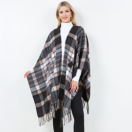 Plaid Fringe Poncho Shawl Wrap