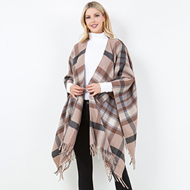 Plaid Fringe Poncho Shawl Wrap
