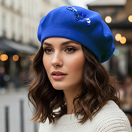 Decorative Sequin Rhinestone Embellished Winter Beret Hat