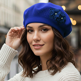 Floral Applique Accent Winter Beret Hat
