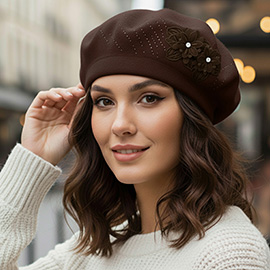 Floral Applique Accent Winter Beret Hat