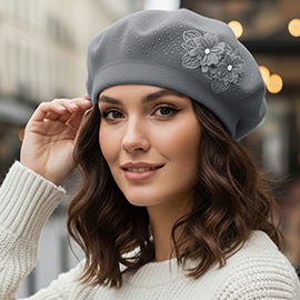 Floral Applique Accent Winter Beret Hat
