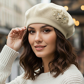 Floral Applique Accent Winter Beret Hat