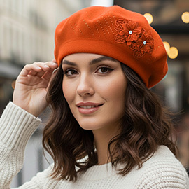 Floral Applique Accent Winter Beret Hat