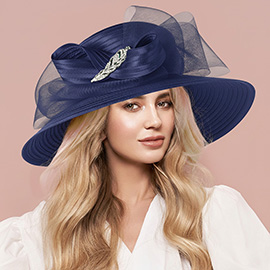 Rhinestone Embellished Feather Accented Mesh Bow Dressy Hat