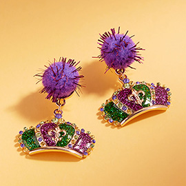Glitter Enamel Mardi Gras Crown Dangle Pom Earrings