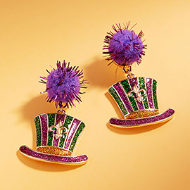 Glitter Enamel Mardi Gras Hat Dangle Pom Earrings