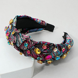 Oval Round Stone Cluster Embellished Jacquard Knot Headband