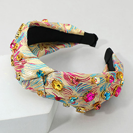 Oval Round Stone Cluster Embellished Jacquard Knot Headband