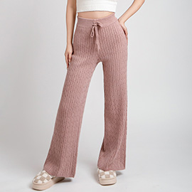 Solid Color Cable Knit High-Rise Wide Leg Lounge Pants