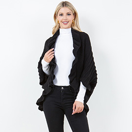 Open Front Ruffled Knit Shawl Wrap Poncho
