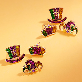 3Pairs - Glitter Enamel Mardi Gras Jester Crown Hat Stud Earring Set