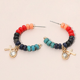 Cross Stone Cluster Charm Beaded Open Hoop Earrings