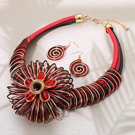 Bold Floral Stone Cluster Accent Metal Spiral Wired Statement Necklace