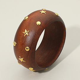 Metal Stud Embellished Wide Wooden Bangle Bracelet