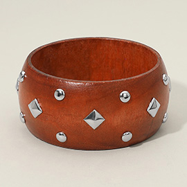 Metal Stud Embellished Wide Wooden Bangle Bracelet