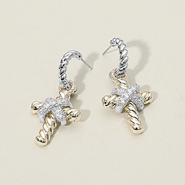 14K Gold Plated Two Tone CZ Stone Paved Crisscross Twisted Cross Charm Dangle Earrings