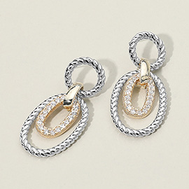 14K Gold Plated CZ Stone Paved Oval Center Twisted Layered Oval Dangle Earrings