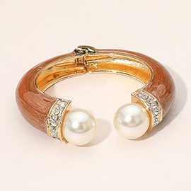 Gold Plated Pearl Tip Enamel Hinged Cuff Bracelet