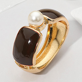 Bold Central Pearl Accent Wide Enamel Hinged Bangle Bracelet