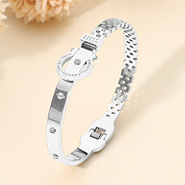 SECRET BOX_Stainless Steel Stone Paved Horseshoe Buckle Accent Hinged Bangle Bracelet