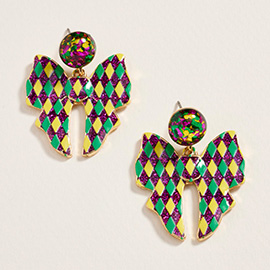 Harlequin Glitter Mardi Gras Bow Dangle Earrings