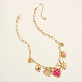 Chunky Mixed Heart Charm Station Paperclip Chain Necklace