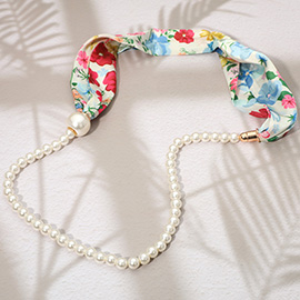 SECRET BOX_Floral Pattern Print Fabric Scarf Pearl Magnetic Necklace