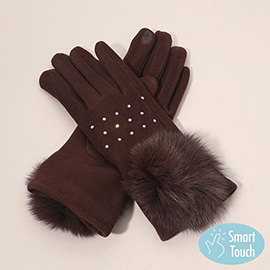 Faux Fur Cuff Pom Rhinestone Embellished Smart Touch Winter Gloves