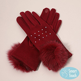 Faux Fur Cuff Pom Rhinestone Embellished Smart Touch Winter Gloves