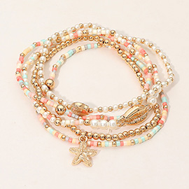 5PCS - Starfish Seashell Charm Pearl Seed Beaded Stretch Multi Layered Bracelets