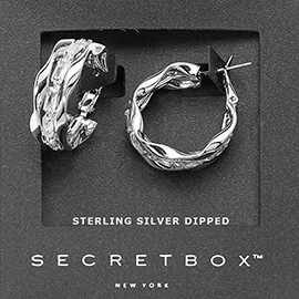 SECRET BOX_Sterling Silver Dipped Baguette Stone Embellished Twisted Hoop Earrings