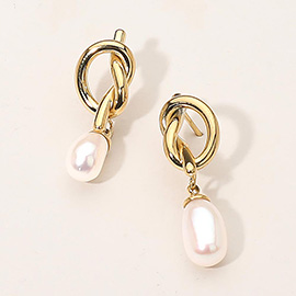 SECRET BOX_Stainless Steel Knot Pearl Drop Earrings