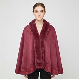 Faux Fur Trim Rhinestone Embellished Hem Poncho Shawl