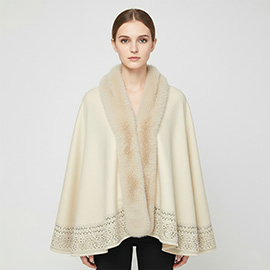 Faux Fur Trim Rhinestone Embellished Hem Poncho Shawl