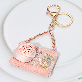 Fabric Flower Pearl Paved Number Five Embellished Handbag Keychain / Bag Charm