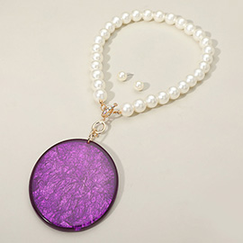 Bold Oval Resin Plate Pendant Accent Chunky Pearl Beaded Statement Necklace