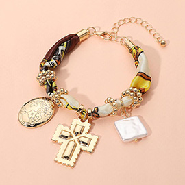 Boho Metal Cross Square Pearl Floral Oval Charm Fabric Bracelet