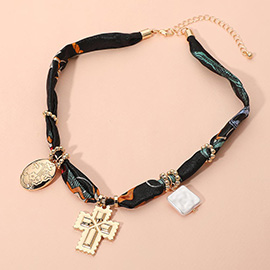 Boho Metal Cross Square Pearl Floral Oval Charm Fabric Necklace