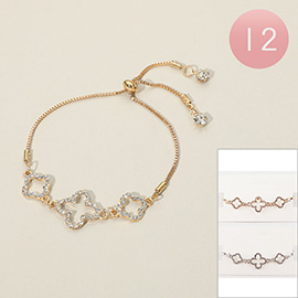 12PCS - Stone Paved Open Quatrefoil Link Cinch Pull Tie Adjustable Bracelets