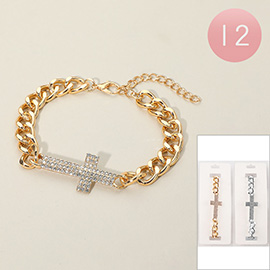 12PCS - Sparkling Stone Paved Cross Charm Bold Chain Bracelets