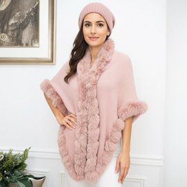 Elegant Faux Fur Trim Cape Poncho