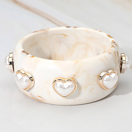 Pearl Heart Cluster Accent Wide Marbled Bangle Bracelet