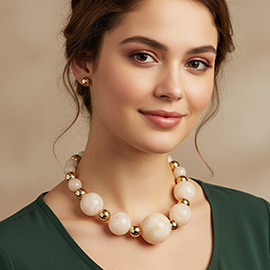 Bold Marbled Resin Metal Ball Beaded Statement Necklace