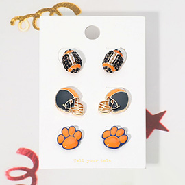 3Pairs - Game Day Spirit Ball Helmet Paw Stud Earring Set