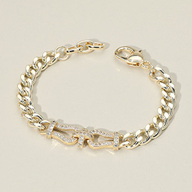 14K Gold Plated CZ Stone Paved Horsebit Accent Chunky Cuban Chain Bracelet