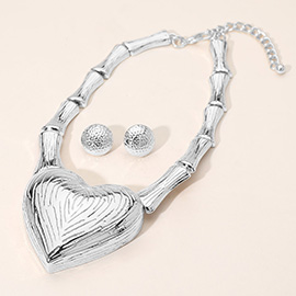Bold Textured Metal Heart Accent Bamboo Link Statement Necklace
