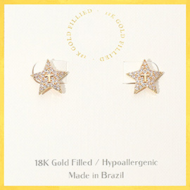 18K Gold Filled Rhinestone Paved T Embossed Star Stud Earrings