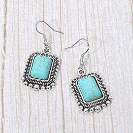 Vintage Beaded Trim Rectangular Stone Dangle Earrings