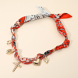 Western Theme Pearl Cross Charm Station Fabric Scarf Necklace